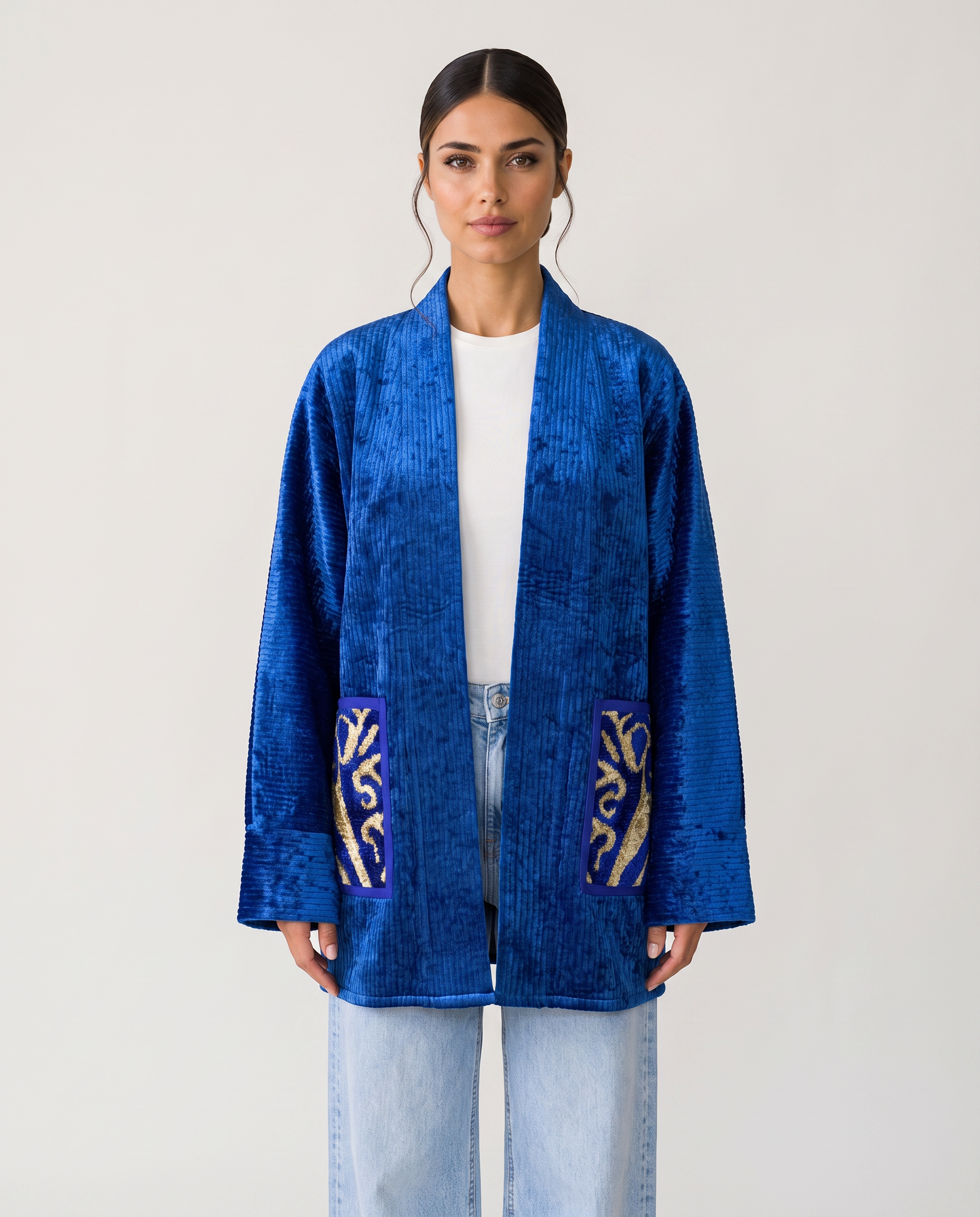 Royal Blue Silk Velvet Handwoven Chapan