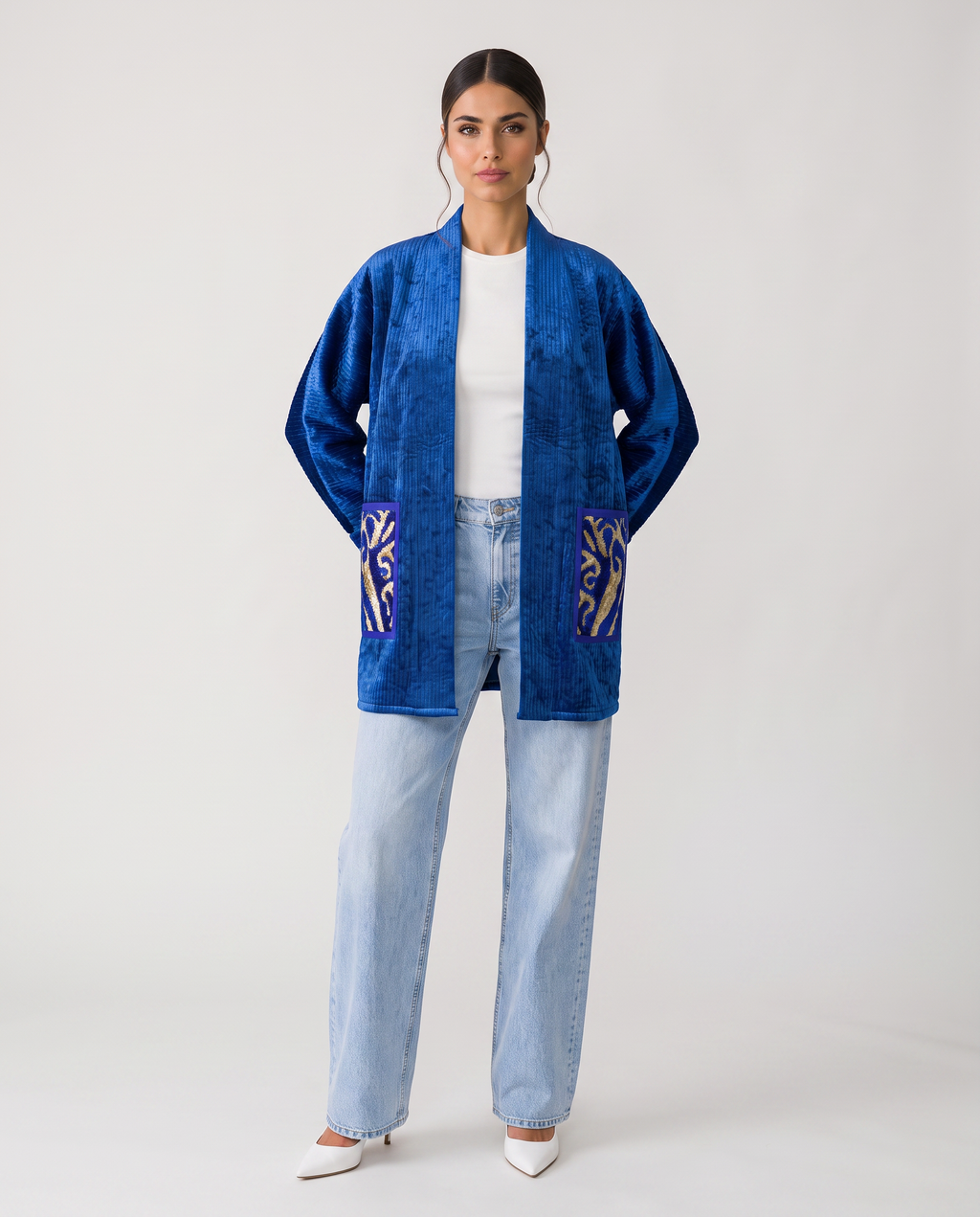 Royal Blue Silk Velvet Handwoven Chapan