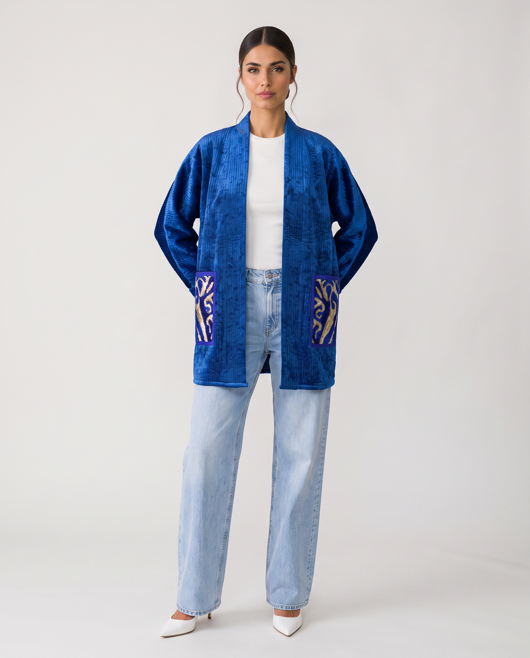 Royal Blue Silk Velvet Handwoven Chapan
