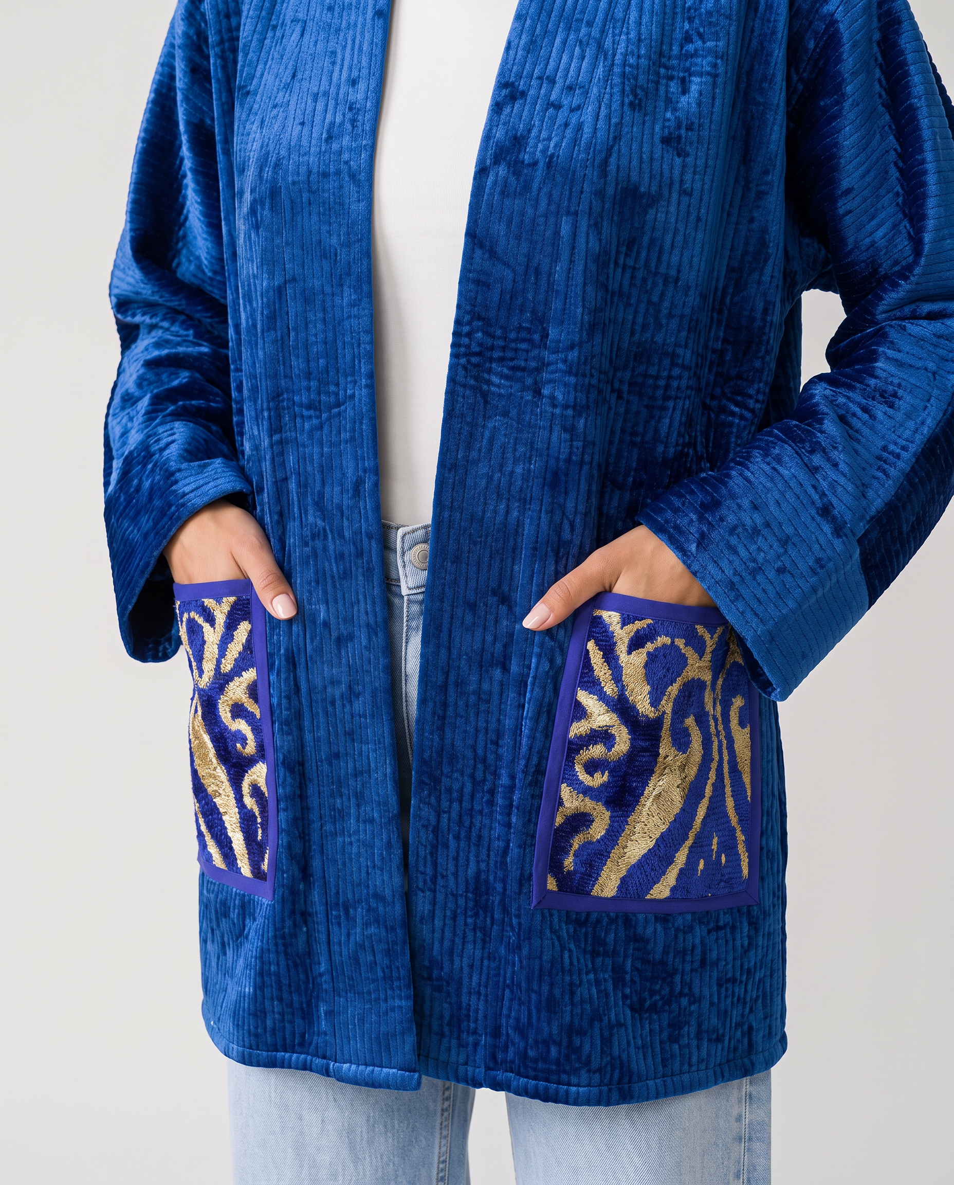 Royal Blue Silk Velvet Handwoven Chapan