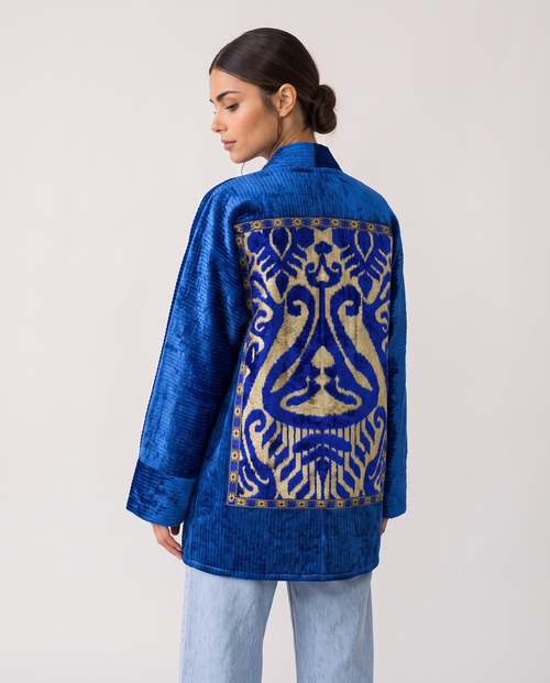 Royal Blue Silk Velvet Handwoven Chapan